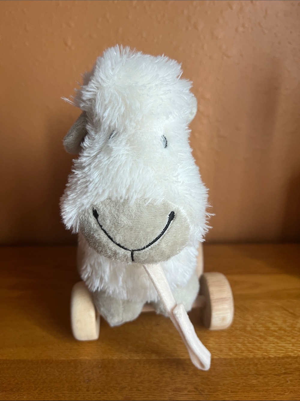 JELLY KITTEN - Pull along truffles Sheep Lamb Toy on Wooden Wheels RARE
